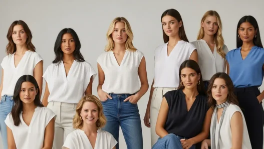 Women modeling 2025 blouse trends including loose V-neck and cap sleeve styles, perfect for both casual and formal occasions.
