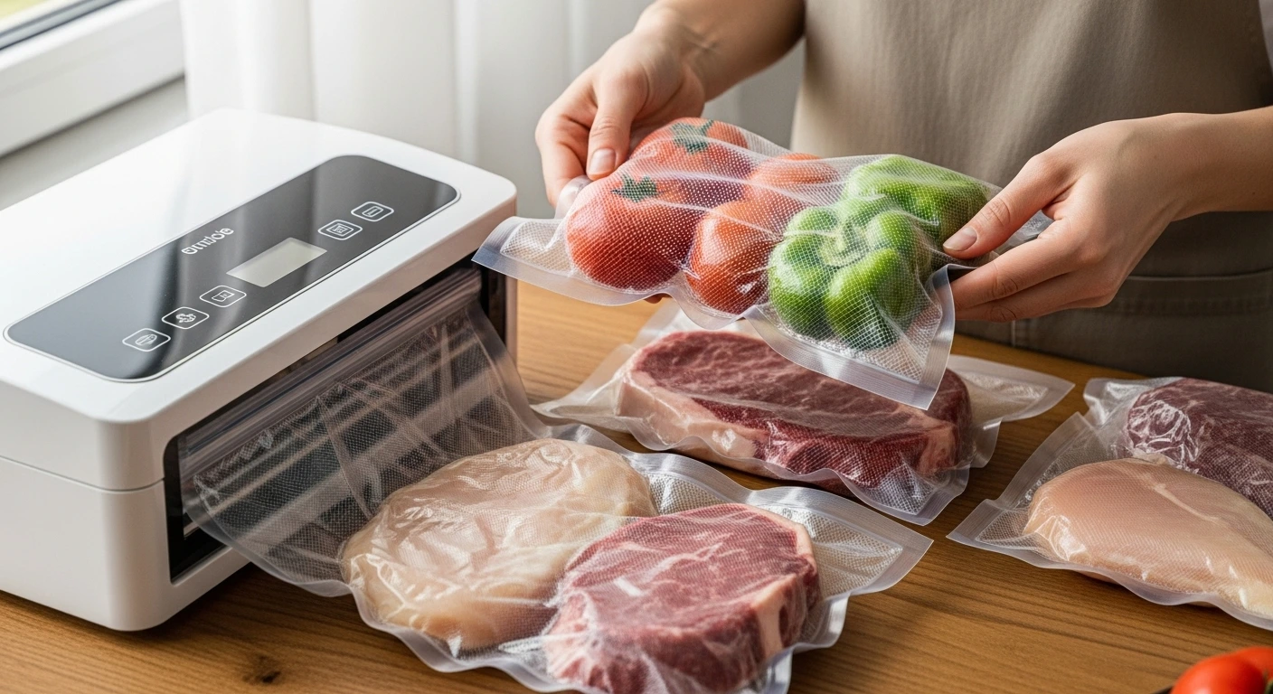 Hands sealing food using vacuum sealer bags for extended freshness and organized kitchen storage.