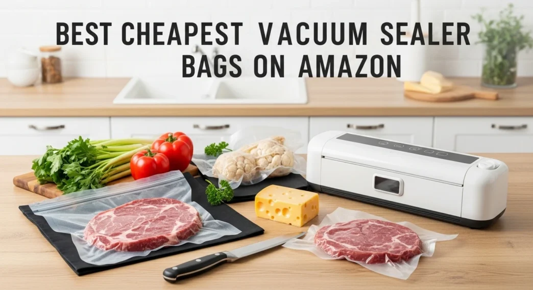 Vacuum sealer bags and machine sealing fresh food in a modern kitchen setting for long-lasting storage and freshness.