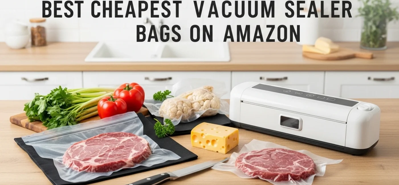 Vacuum sealer bags and machine sealing fresh food in a modern kitchen setting for long-lasting storage and freshness.