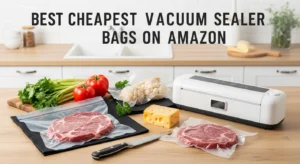 Vacuum sealer bags and machine sealing fresh food in a modern kitchen setting for long-lasting storage and freshness.