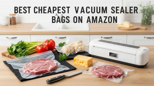 Vacuum sealer bags and machine sealing fresh food in a modern kitchen setting for long-lasting storage and freshness.