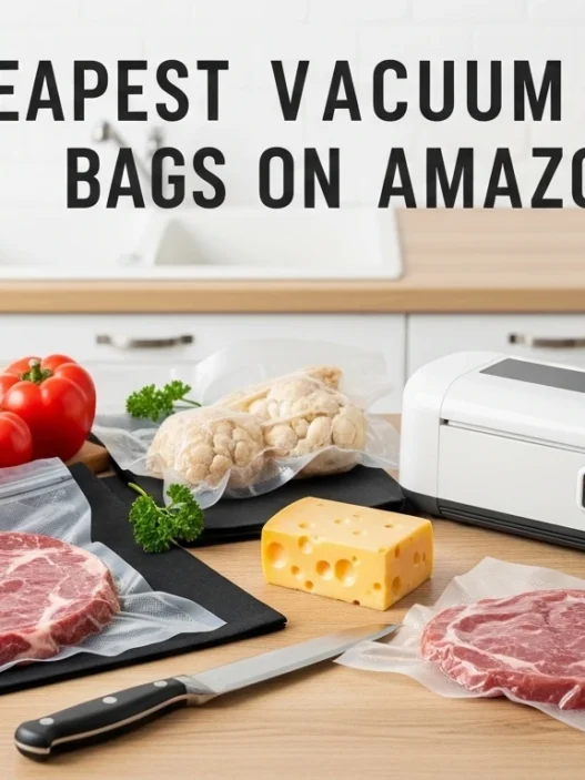 Vacuum sealer bags and machine sealing fresh food in a modern kitchen setting for long-lasting storage and freshness.